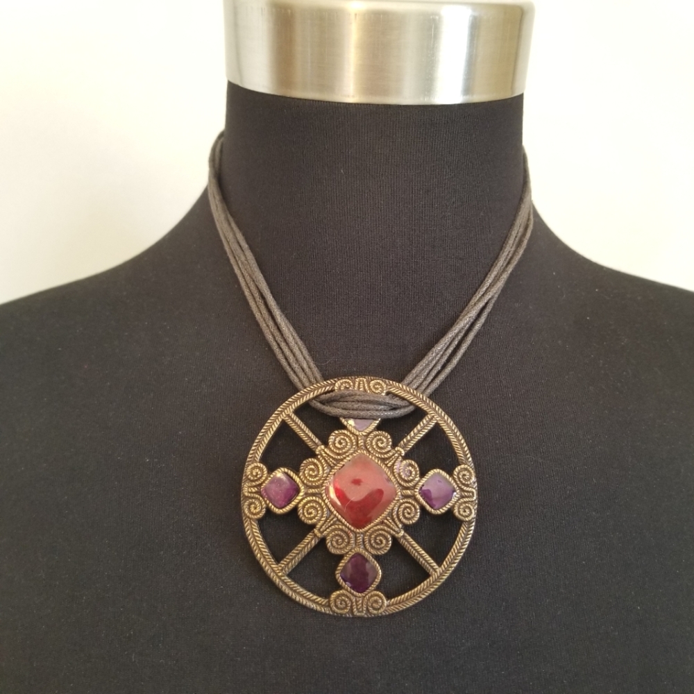 Axcess Brass Medallion Multi Leather Strand Necklace